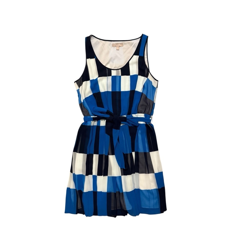 Banana Republic Geometric Print Chiffon Pleated Dress Blk/ Blue/ White sz 12 - Picture 2 of 11